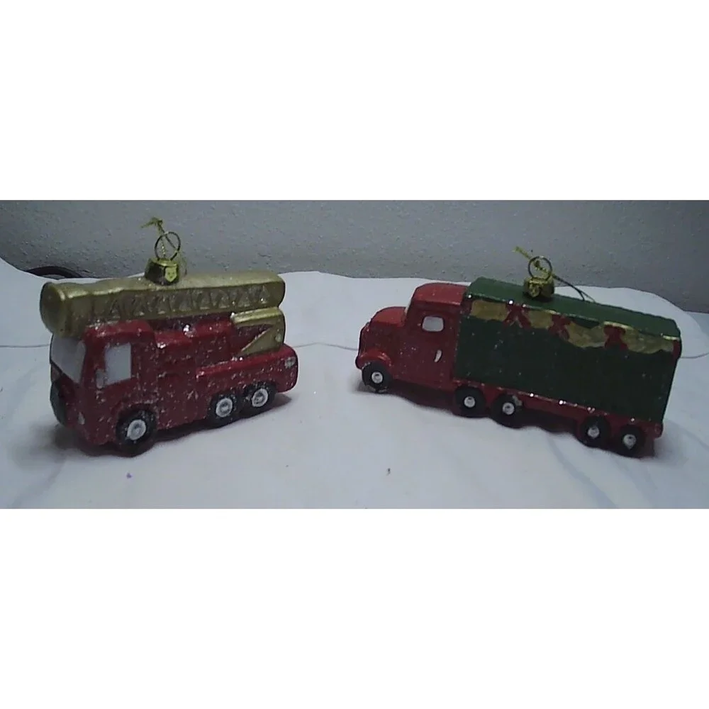 2 Target Wondershop Ornaments Plastic Christmas Fire Truck and Semi Truck NWT